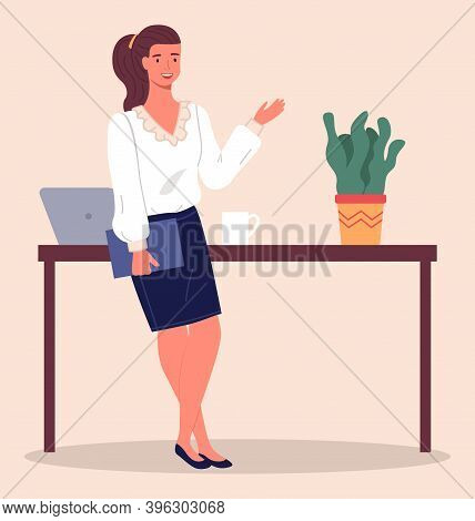 Businesswoman With Ponytail, Wearing Blouse And Skirt, Holding Folder In Hand And Gesturing. Busines