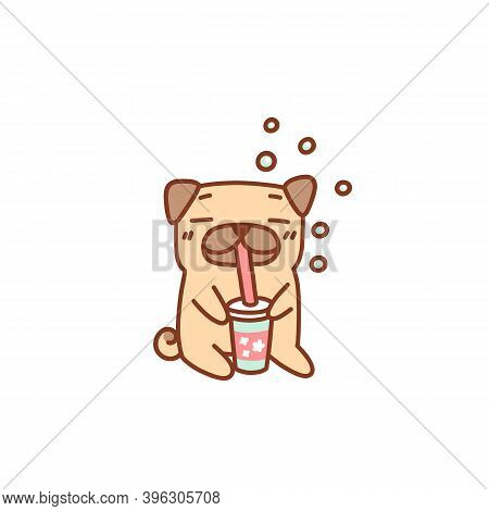 Cute Pug Dog Enjoys Refreshing Soda Drink. It Can Be Used For Menu, Brochures, Poster, Sticker Etc. 