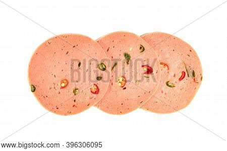 Closeup Bologna Sliced Isolated On White Background