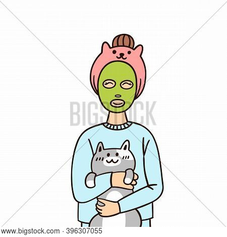 Young Woman With Green Face Mask For Skincare, Hugging With Cute Cat, Isolated On A White Background