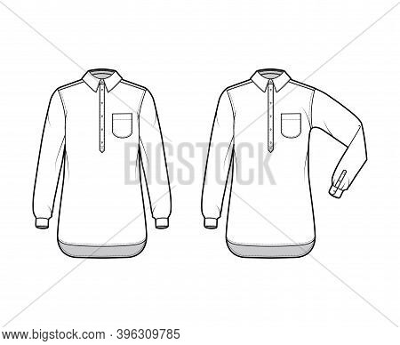 Set Of Shirt Pullover Technical Fashion Illustration With Rounded Pocket, Elbow Fold Long Sleeve, Ov