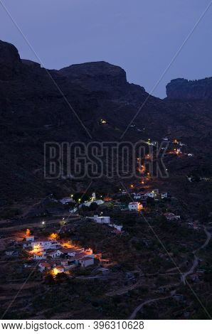 Village And Ravine Of El Juncal At Sunset. The Nublo Rural Park. Tejeda. Gran Canaria. Canary Island