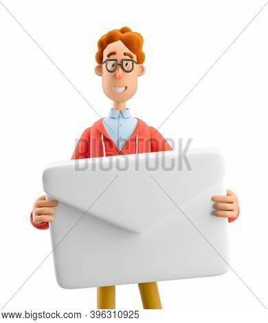 Nerd Larry Holding A Mailing Envelope. 3d Illustration.