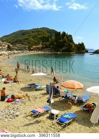 Paxos Harbour, Greece - October 1, 2017 : Paxos Beach A Small Island South Of Corfu A Greek Island I