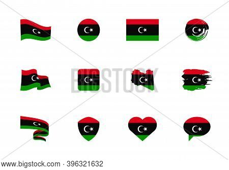 Libya Flag - Flat Collection. Flags Of Different Shaped Twelve Flat Icons.