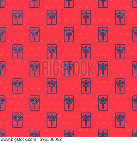 Blue Line Mahjong Pieces Icon Isolated Seamless Pattern On Red Background. Chinese Mahjong Red Drago