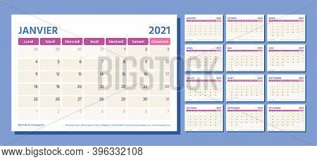 2021 French Planner. Calendar Template. Vector. Week Starts Monday. Table Schedule Grid. Calender La