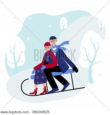 Seniors Couple Slide Down The Hill On The Sleigh. Old People Spend Winter Days Outdoors In The Open 