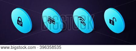 Set Isometric Open Padlock, Wifi Locked, Credit Card With And Lock And Check Mark Icon. Vector