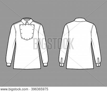 Shirt Cavalry Officer Technical Fashion Illustration With Bib, Long Sleeves, Relax Fit, Classic Coll