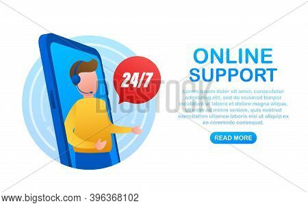 Customer Service 24-7. Call Center Landing Page. Online Support Center, Assistance. Vector Stock Ill