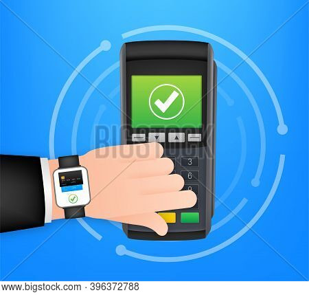 Contactless Payment Methods Mobile Smart Watch And Wireless Pos Terminal Realistic Style. Vector Sto
