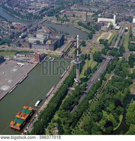Rotterdam, Holland,June 20 - 1995: Historical aerial photo of Euromast observation tower in Rotterdam, Holland  