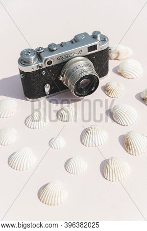 Barcelona, Spain - April 14 2020: Old, Vintage Telemetry Sovietic Reunion Camera Fed- 3. Surrounded 