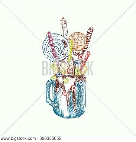 Monster Shake Dessert, Isolated Background. Hand Drawn Color Line Art, Sketch Style Chocolate, Donut
