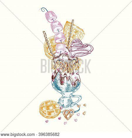 Monster Shake Dessert, Isolated Background. Hand Drawn Color Line Art, Sketch Style Chocolate, Donut