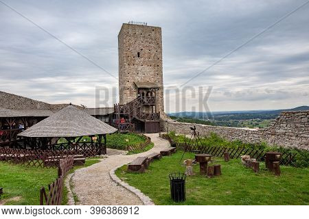 Checiny, Poland - September 06, 2020: Courtyard Of The Castle. Old Historic Ruins Of The Royal Castl