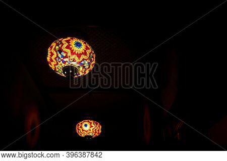 Mosaic Turkish Lantern. Moroccan Ornamental Lamp With Dark Night Background. Arabic Festive Decorati