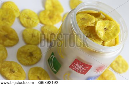 A Jar Full Of Dried Banana Chips A Delicacy Of South Indian States Healthy Sweet Snack, Crispy Dehyd