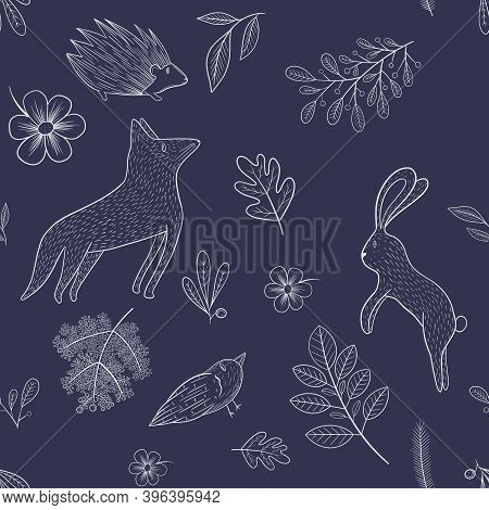 Fabulous Stylish Seamless Pattern With Forest Plants And Animals Linart For Decor And Textiles