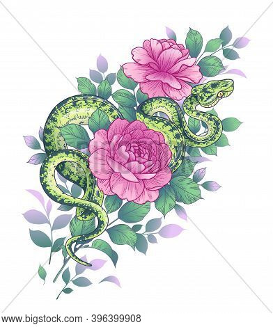 Hand Drawn Twisted Snake And Roses Isolated On White. Vector Green Python And Flowers. Floral Arrang
