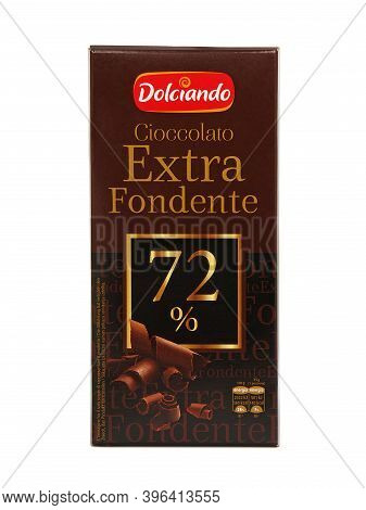 Bucharest, Romania - October 7, 2016. Dolciando Extra Fondente Chocolate Bar Isolated On White