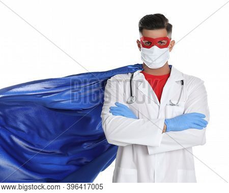 Doctor Wearing Face Mask And Cape On White Background. Super Hero Power For Medicine