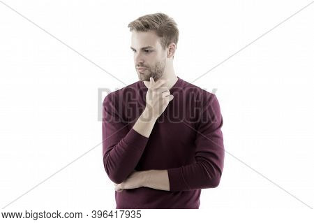His Style Is Emulated By Many. Looking Trendy. Facial Care. Handsome Man Isolated On White. Unshaven