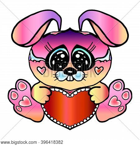 Hand Drawn Vector Rabbit, Cute Bunny, Rabbit With Heart Pink Illustration. Print For Childrens T-shi