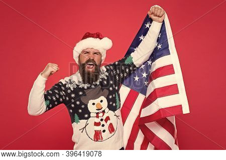Greetings To All My Compatriots. National Spirit. Christmas Holiday. Guy Celebrate Christmas. Cheerf