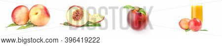 Collage Of Isolated Peaches Isolated On A White Background