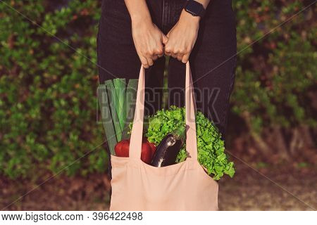 Close Up Of Woman Hands With Pink Reusable Bag With Fresh Bio Vegetables. Plant Based Vegan Diet. He