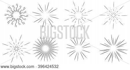Set Sun Brush In Retro Style On Light Background. Hipster Set Sun Brush For Decorative Design. Stock