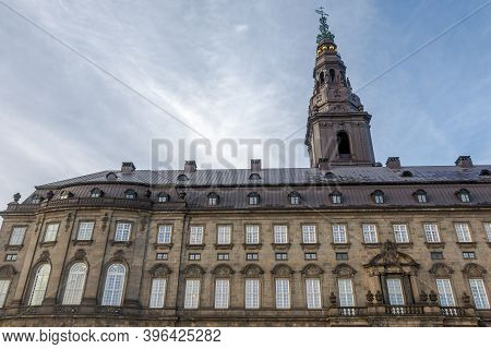 Copenhagen, Denmark - Oct 19, 2018: Street Level View Of The Christiansborg Palace And The Tower. At