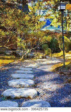 Tranquil Yard Of Tradtional Shinto Shrine With Stony Road At Koyasan Mountain At Fall.