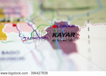 Shallow Depth Of Field Focus On Geographical Map Location Of Kayar State Myanmar Asia Continent On A
