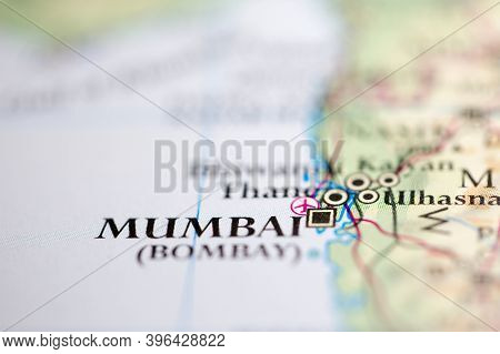 Shallow Depth Of Field Focus On Geographical Map Location Of Mumbai Bombay India Asia Continent On A