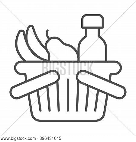 Basket With Bottle And Fruits Thin Line Icon, Black Friday Concept, Shop Basket Sign On White Backgr