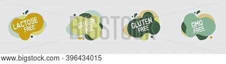 Set Of Allergen Free Badges. Lactose, Gluten, Sugar And Gmo Free. Vector Signs Of Allergen Contant F