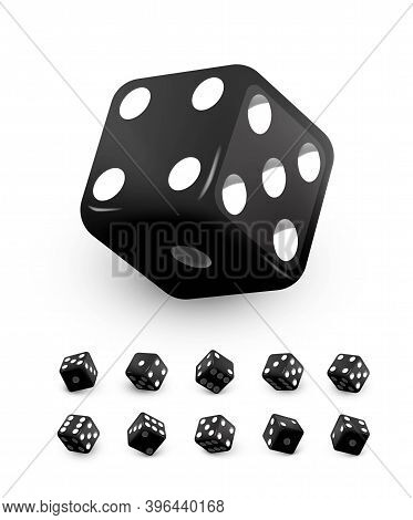 Black Dice Cubes For Gambling Set. Casino Craps And Playing Games Vector Illustration. Poker Cubes R