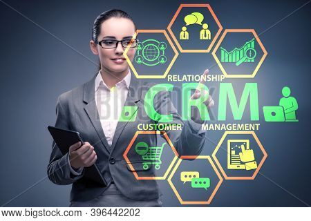 CRM custromer relationship management concept with businesswoman