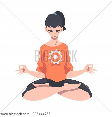 Meditative Female Engaged In Pranayama Practice Sitting In Lotus Position Vector Illustration