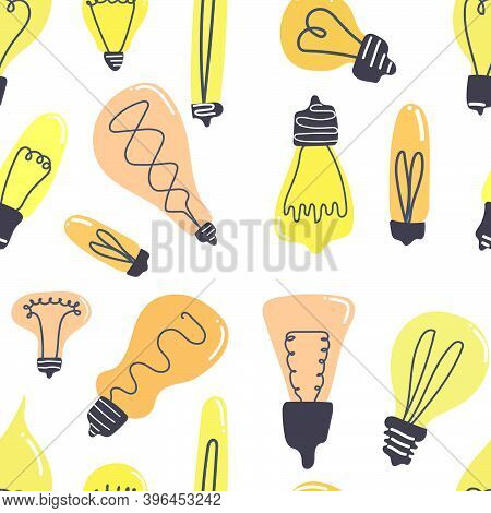 Seamless Pattern Of Hand Drawn Light Bubls. Flat Illustration.