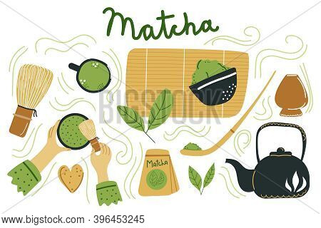 Big Hand Drawn Set Of Japanese Ceremony With Matcha. Hands Holding Tea Items. Various Matcha Tea Pro
