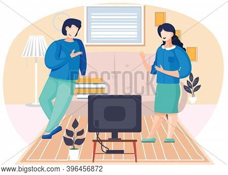 Family Husband And Wife Talking Standing Together In The Room. Home Cozy Livingroom With Couch And T