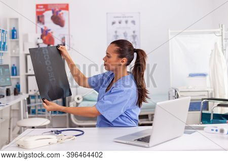 Medical Practition Examining Radiography Of Patient With Back Problem In Hospital Office. Radiologis