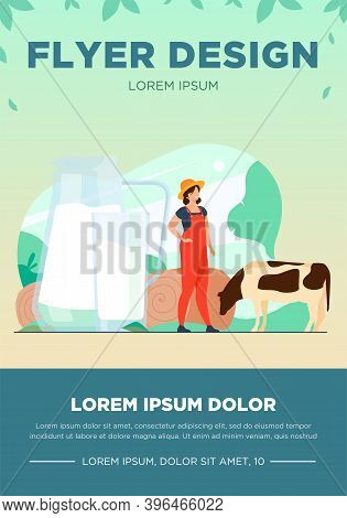 Fresh Milk In Glass Jug. Cow Pasturing On Farming Field. Vector Illustration For Farm Food, Nutritio