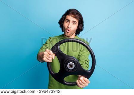 Portrait Of Nice Car Driver Drive Speedy Open Mouth Green Pullover Isolated On Blue Color Background
