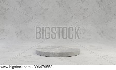 Concrete Pedestal Isolated On Grey Cement Background. 3d Rendered Minimalistic Abstract Background C