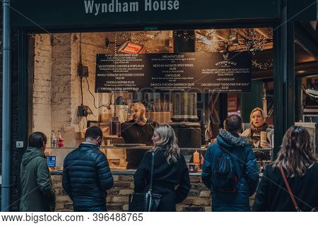 London, Uk - November 19, 2020: Wyndham Take Away Food Stall In Borough Market, One Of The Largest A
